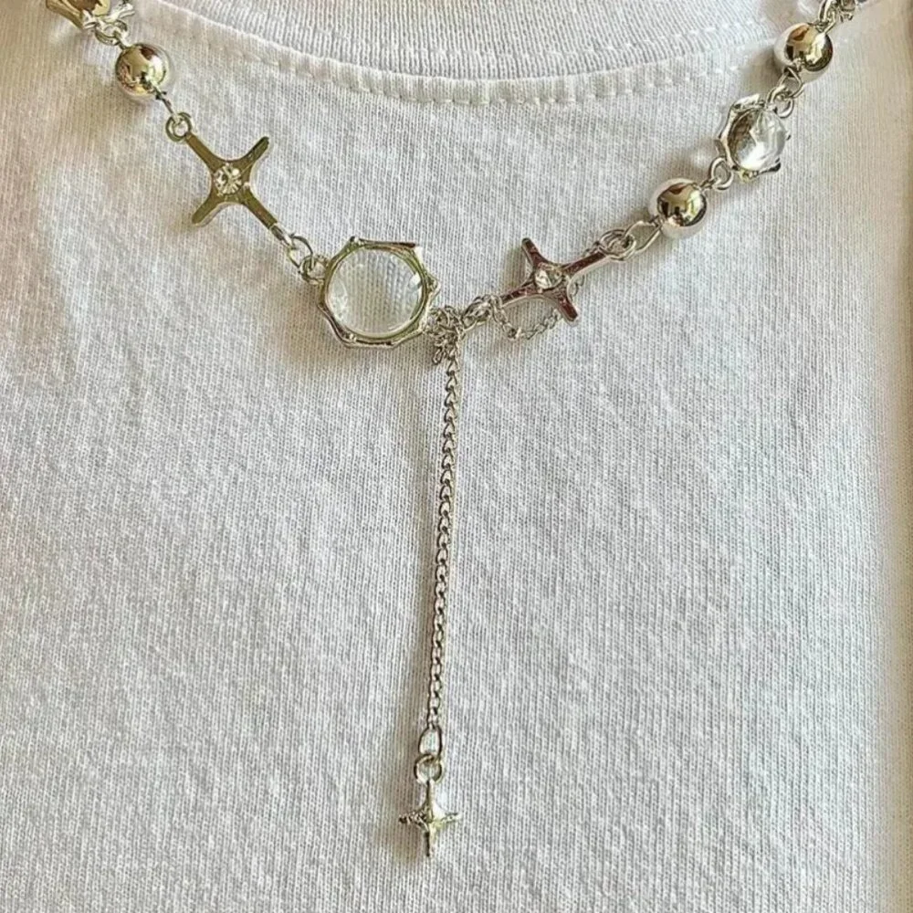 y2k chrome crystal orb pendant choker necklace